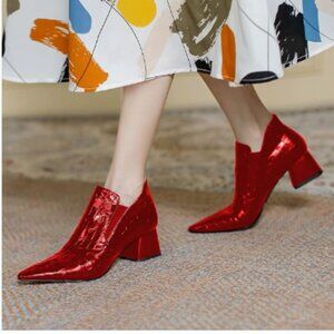 YDN Red Sexy Pointed Toe Ankle Boots Chunky Low Heel Booties Pull on Shoe